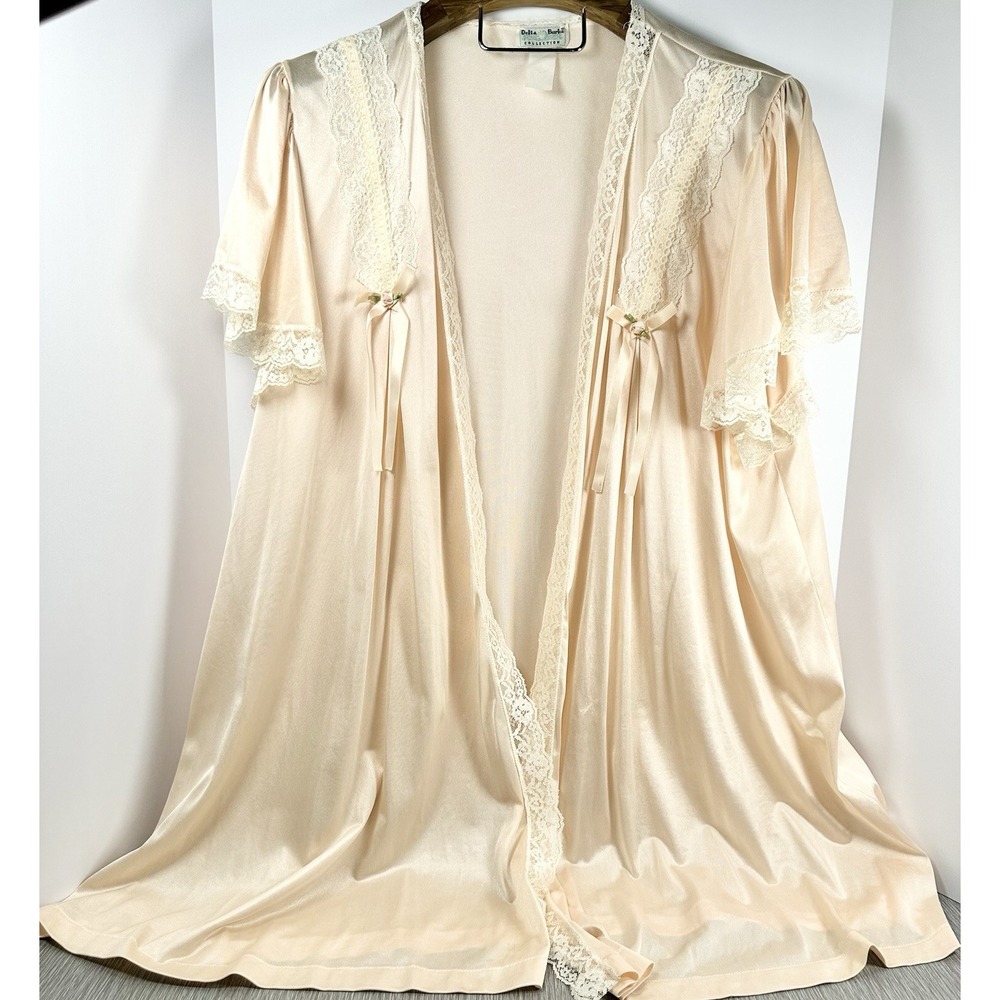 Delta Burke Womens Nylon Lace‎ Bathrobe Cover Sexy Lacey Peach Ribbons Babydoll